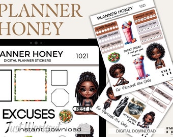 Pre-Cropped GoodNotes Digital Planner Stickers Fitness Workout Gym Resolution Afro Black African American Woman Girl iPad Tablet Planning