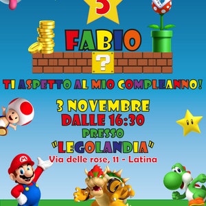 Invito Super Mario Digitale Personalizzato per Festa di Compleanno Bambina Bambino Blu Giallo verde ro Pronto in 12 ore