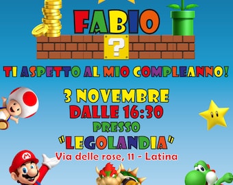 Invito Super Mario Digitale Personalizzato per Festa di Compleanno Bambina Bambino Blu Giallo verde ro Pronto in 12 ore