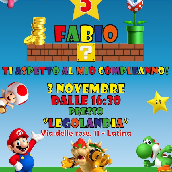 Invito Super Mario Digitale Personalizzato per Festa di Compleanno Bambina Bambino Blu Giallo verde ro Pronto in 12 ore