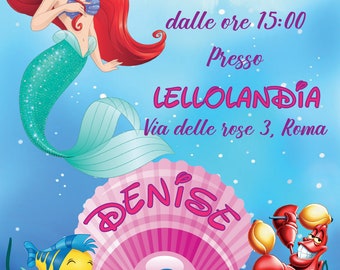 Invito Sirenetta Digitale Personalizzato per Festa di Compleanno Bambina Blu Giallo Pronto in 12 ore