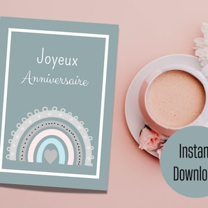 Printable Joyeux Anniversaire Foldable Card, Happy Birthday DIY card, Boho Rainbow Card, Instant Download DIY, Birthday Boho Greeting Card