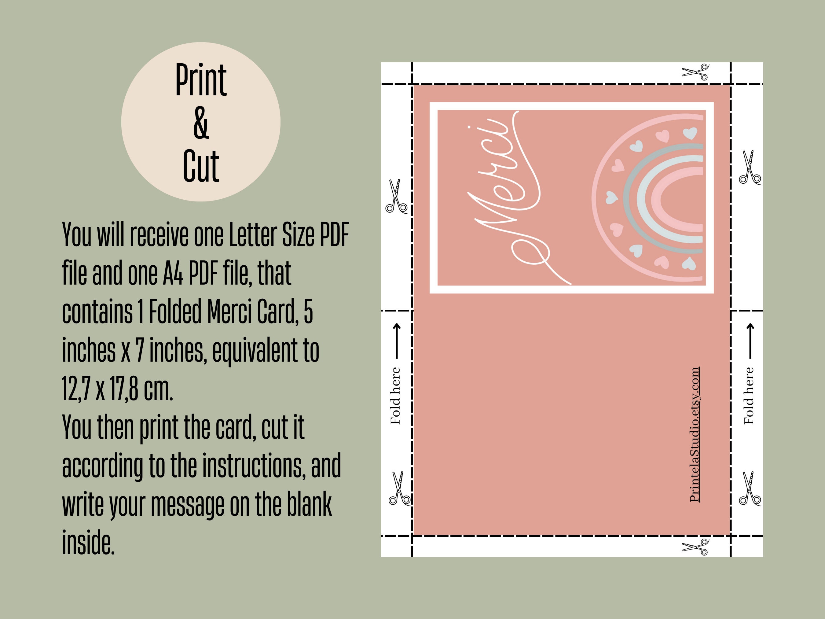 Printable Thank You Card, Merci Card, Printable Merci Card, Folded ...