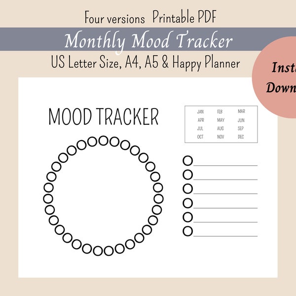 Monthly Mood Tracker, Minimalistic Mood Tracker Template, 31 Day Mood Tracker, Happy Planner, Bullet Journal Printable, Instant Download