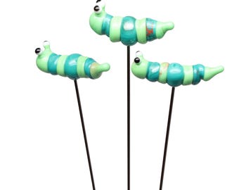 Handmade Lampwork Glass Green Caterpillar Stake Stem Plant Decoration, GArden Ornament