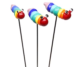 Rainbow Glass Caterpillar Plant Stake Decoration , Lampwork glass, miniature