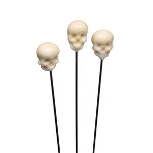 May include: Three ivory-colored skull-shaped decorative picks on black stems. The skulls have detailed facial features and are evenly spaced against a white background. These picks are suitable for Halloween or gothic-themed decor.