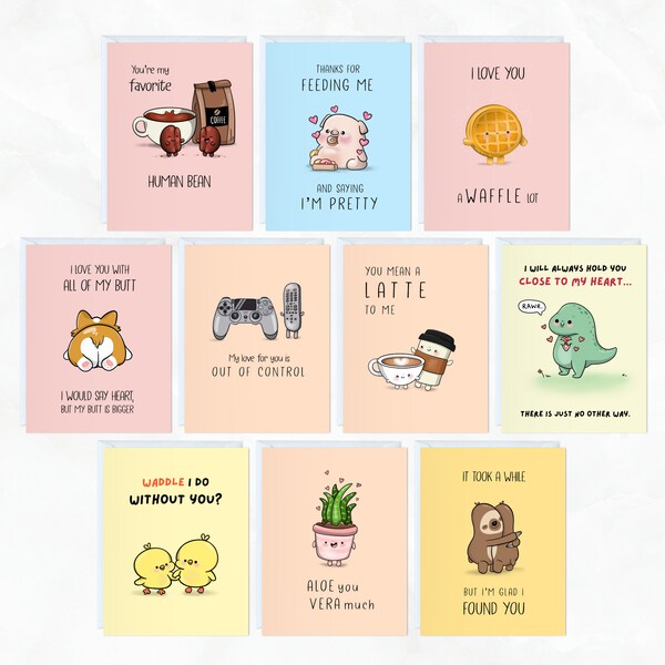 Pack of 10 Cards Easter Boxed Set, Cute Assorted Anniversary Birthday Greeting Card for Her Him / Husband Boyfriend / Girlfriend Wife Kawaii