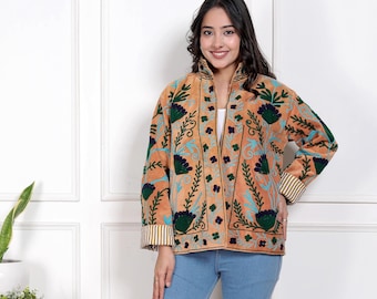 Velvet Suzani Embroidered Jacket: Bohemian Artisanal Coat