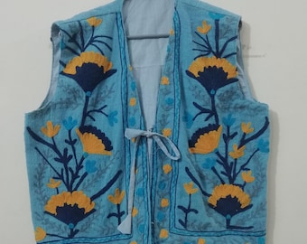 ハンドメイドベルベットベスト：花柄刺繍ストーンワークジャケット