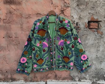 Handgemachte Susani Jacke: Bestickter Baumwoll Kurzmantel