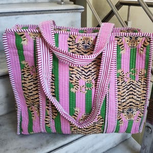 Boho Tiger Print Quilted Tote Bag | Handmade Cotton Pink Shoulder Bag | Daily Carryall, Reusable Eco Bag for Women