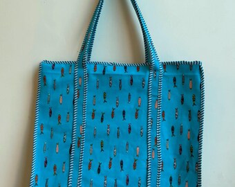 Hand Block Print Canvas Tote Bag | Blue Fish Print Shoulder Bag