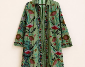 Handmade Cotton Suzani Kimono: Embroidered Ethnic Long Coat