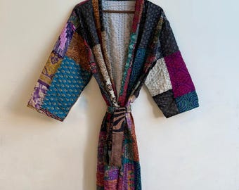 Vintage Kantha Jacket Reversible Kimono Robe, Boho Patchwork Cotton Cardigan, Bohemian Duster Coat