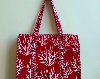 Boho Coral Pattern Quilted Cotton Tote Bag: Handmade Red Tote Bag