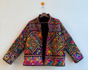 Vibrant Colorful Cotton Kutch Embroidered Boho Coat, Handmade Banjara Mirror Work Jacket, Tribal Folk Art Festival Wear Gypsy Cardigan
