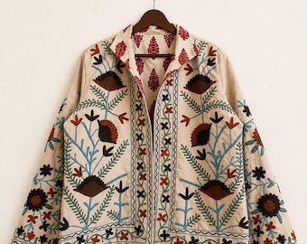 Women's Embroidered Cotton Jacket | TNT Bohemian Floral Coat | Artisan Ethnic Jacket | Casual Layering Outerwear