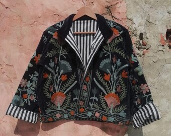 Giacca ricamata in velluto Suzani: cappotto artigianale boho