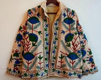 Handmade Embroidered Suzani Jacket | Suzani Coat for Women | Boho Cotton Cardigan | Vintage Style Ethnic Floral Kimono Coat