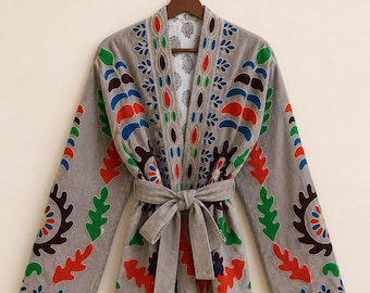 Vintage Suzani Jacket Women Boho Embroidered Velvet Coat Kimono Cardigan Cotton Reversible Jacket
