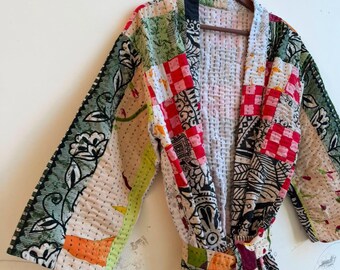 Boho Vintage Kantha Kimono Jacket | Reversible Handmade Cotton Patchwork Robe