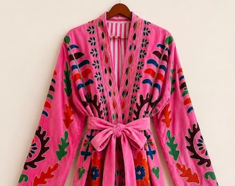 Handmade Velvet Suzani Jacket: Embroidered Boho Kimono Duster Coat