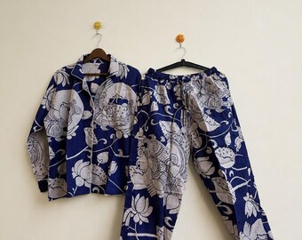 Blue Cotton Pajama Set for Women | Floral Print Sleepwear | Button Down PJ Set | Soft Cotton Loungewear