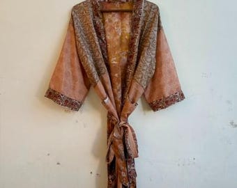 Vintage Silk Kimono Robe, Upcycled Sari Boho Loungewea