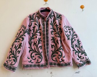 Handmade Pink Floral Embroidered Jacket Bohemian Ethnic Coat for Women