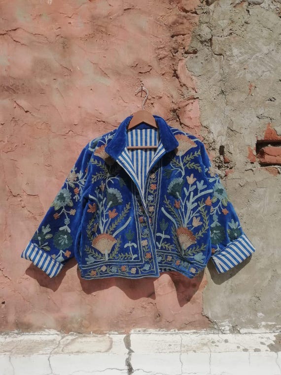 Velvet Suzani Embroidered Jacket: Bohemian Artisanal Coat