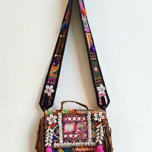 Vintage Banjara Mirror Bag, Cowrie Shells Purse, Boho Handmade Tote Bag, Embroidered Sling Bag, Unique Gift for Her