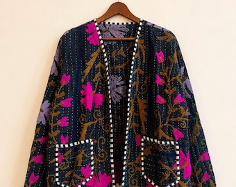 Vintage Kantha Suzani Embroidered Jacket | Handmade Floral Quilted Cotton Jacket | Boho Reversible Indian Coat