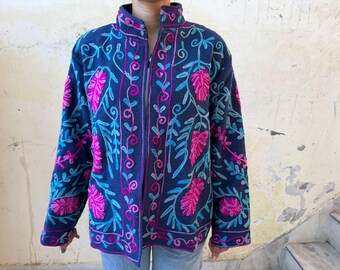 Vintage Boho Embroidered Floral Jacket Blue Wool Crewel Coat Hippie Festival Jacket Ethnic Kashmiri Style Wear Gift for Her