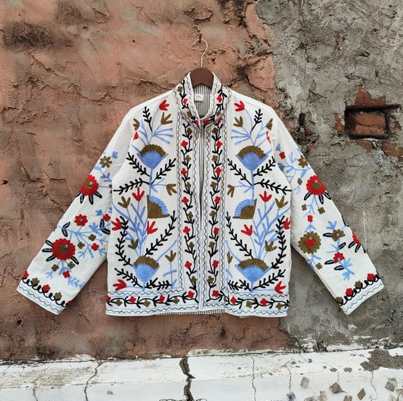 Hand Embroidered Suzani Canvas Jacket, Ethnic Bohemian Coat