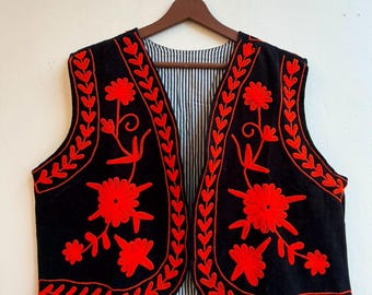 Red Suzani Velvet Vest | Hand Embroidered Boho Waistcoat | Red Floral Sleeveless Jacket