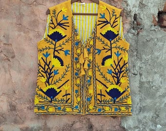 ハンドメイドベルベットベスト：花柄刺繍ストーンワークジャケット