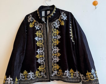 Black Embroidered Boho Jacket Gold & Silver Floral Ethnic Coat Vintage Style Women’s Jacket