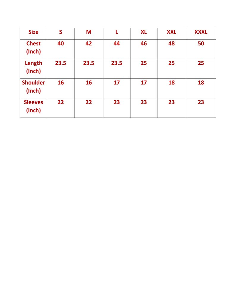 K&ouml;nnte beinhalten: Eine wei&szlig;e Tabelle mit schwarzem Text, der Kleiderma&szlig;e detailliert. Die Gr&ouml;&szlig;en reichen von S bis XXXL. Ma&szlig;e umfassen Brust (101.6-127 cm), L&auml;nge (59.7-63.5 cm), Schulter (40.6-45.7 cm) und &Auml;rmel (55.9-58.4 cm).