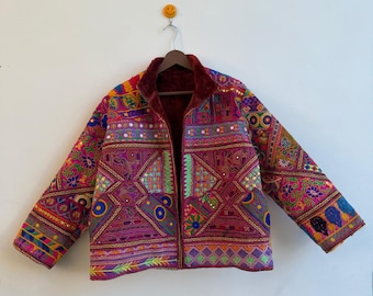 Handmade Banjara Jacket Mirror Work Boho Embroidered Coat Colorful Kutch Embroidery Jacket Vintage Gypsy Festival Jacket