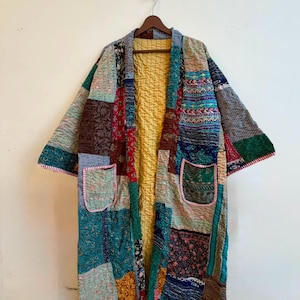 Vintage Kantha Reversible Kimono | Boho Patchwork Cotton Jacket | Free Size Bohemian Robe Cardigan