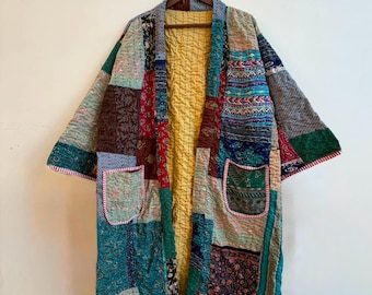 Vintage Kantha Reversible Kimono | Boho Patchwork Cotton Jacket | Free Size Bohemian Robe Cardigan
