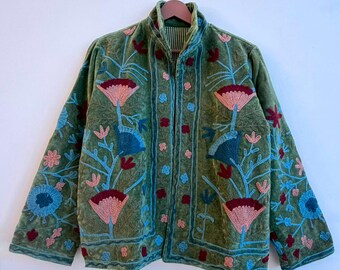Velvet Suzani Embroidered Jacket, Boho Winter Wear Coat for Women, Handmade Sage Green Velvet Short Jacket, Vintage Style Floral Boho Coat