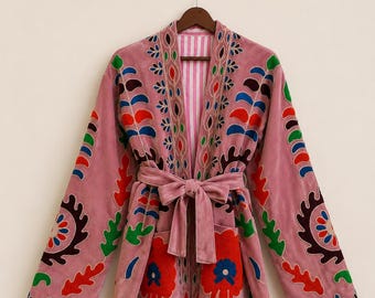 Pink Suzani Velvet Jacket with Belt Embroidered Boho Kimono Cardigan Reversible Winter Coat Unique Bohemian Clothing Gift for Her
