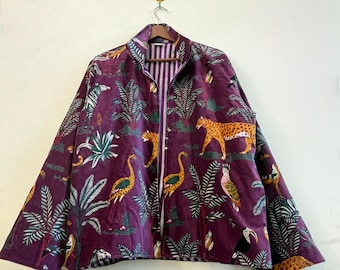 Handmade Purple Jungle Print Velvet Jacket | Boho Hippie Style | Tropical Animal Print Coat | Unisex Oversized Festival Jacket