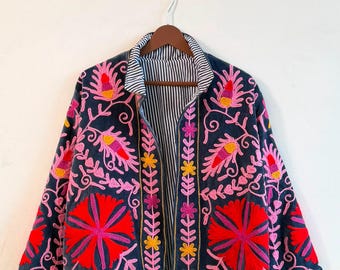 Velvet Suzani Embroidery Jacket, Hand Embroidered Boho Coat for Women, Winter Warm Short Kimono