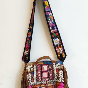 Vintage Banjara Embroidered Mirror Bag: Cowrie Shells Boho Tote