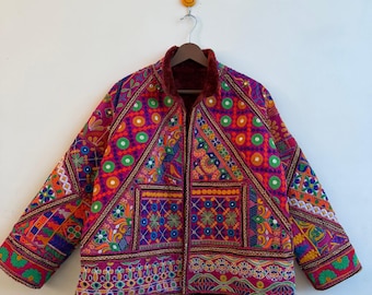 Handmade Banjara Mirror Work Jacket, Vibrant Colorful Cotton Kutch Embroidered Boho Coat