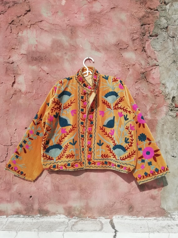 Exclusive Suzani Velvet Jacket Hand Embroidered Short Coat Boho Artisanal Outerwear