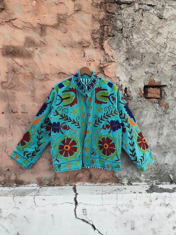 Boho Embroidered Velvet Jacket, Luxury Outerwear Coat, Artisan Suzani Jacket
